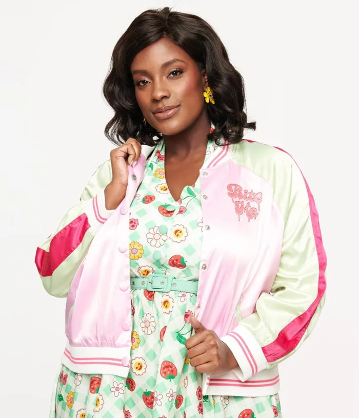 Plus Size Pink and Green Bite Me Satin Bomber Jacket ClothingHalloweenPlus Unique Vintage Jackets