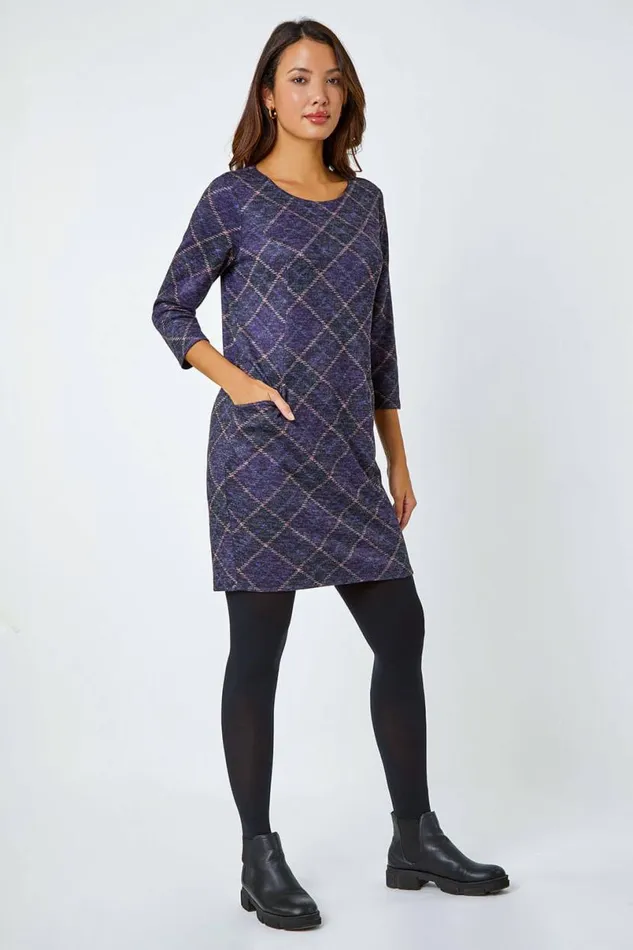 Purple Check Print Pocket Shift Dress Women Roman Dresses