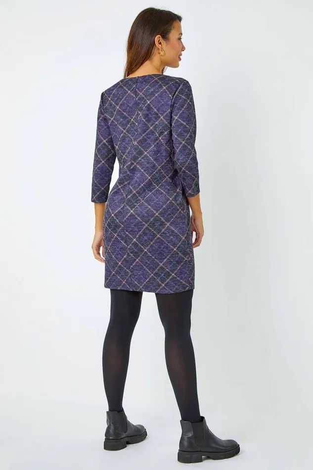 Purple Check Print Pocket Shift Dress Women Roman Dresses
