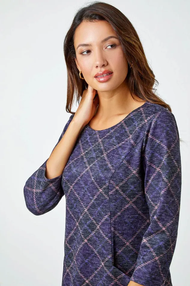 Purple Check Print Pocket Shift Dress Women Roman Dresses