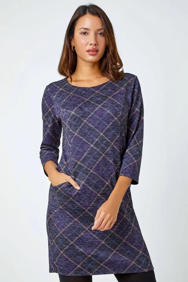 Purple Check Print Pocket Shift Dress Women Roman Dresses