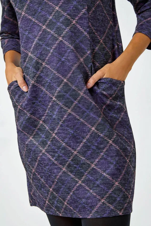 Purple Check Print Pocket Shift Dress Women Roman Dresses