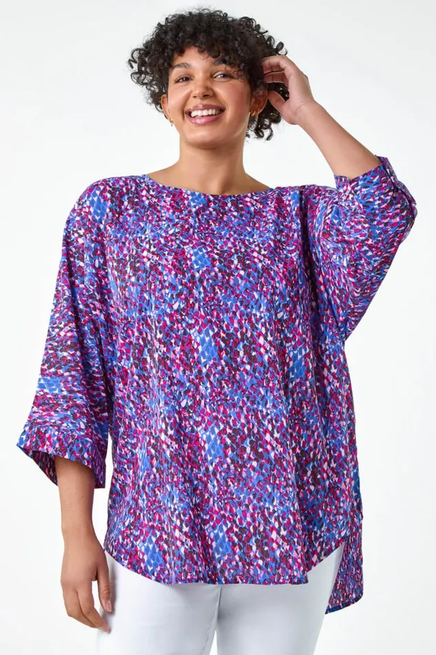 Purple Curve Abstract Print Dipped Hem Top Women Roman Tops