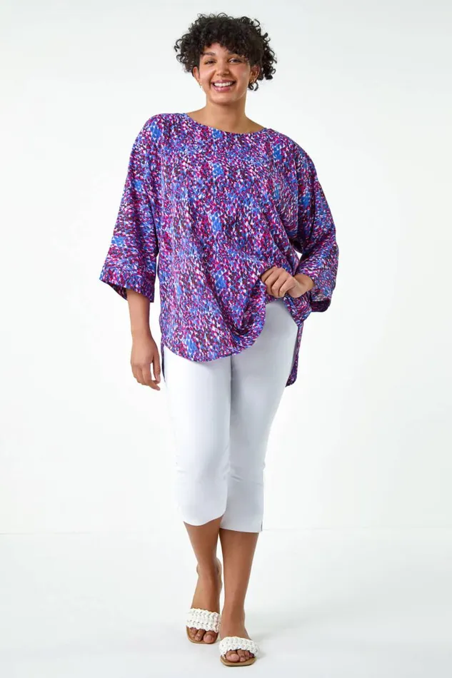 Purple Curve Abstract Print Dipped Hem Top Women Roman Tops
