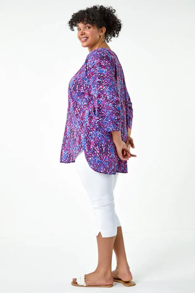 Purple Curve Abstract Print Dipped Hem Top Women Roman Tops