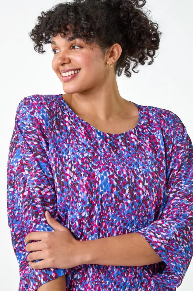 Purple Curve Abstract Print Dipped Hem Top Women Roman Tops
