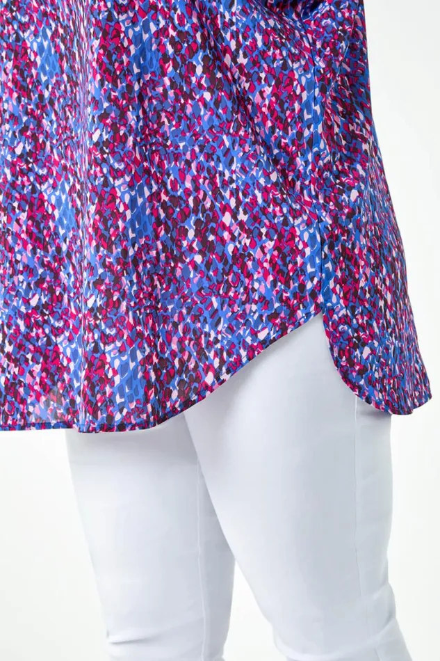 Purple Curve Abstract Print Dipped Hem Top Women Roman Tops