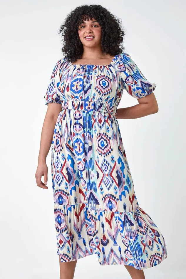 Purple Curve Aztec Print Shirred Midi Dress Women Roman Dresses