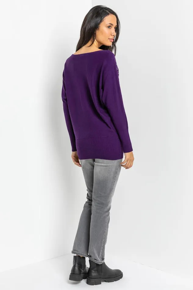 Purple Long Sleeve Star Embellished Longline Jumper Women Roman Knitwear