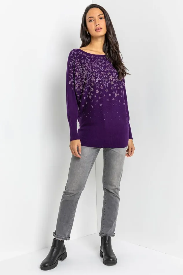 Purple Long Sleeve Star Embellished Longline Jumper Women Roman Knitwear