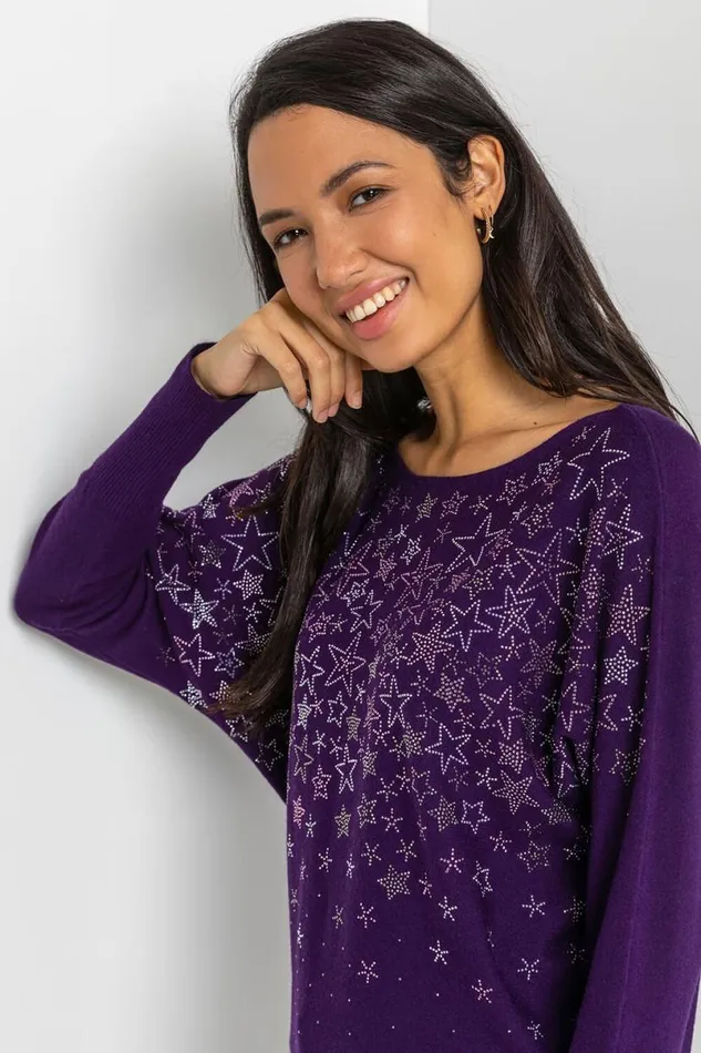 Purple Long Sleeve Star Embellished Longline Jumper Women Roman Knitwear