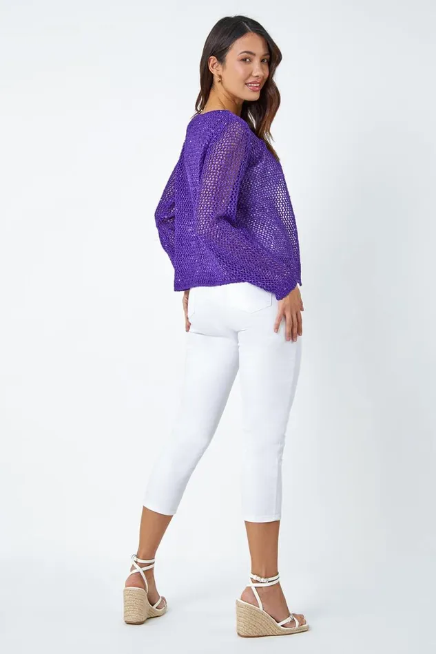 Purple Sequin Embellished VNeck Cardigan Women Roman Knitwear