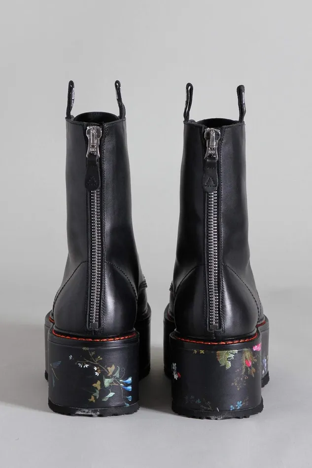 R13 Boots Women Double Stack Boot 8211 Black With Floral Platform