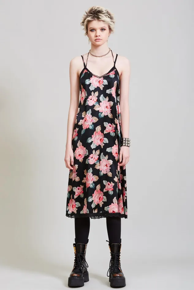 R13 Dresses Women Lace Back Slip Dress Black Floral