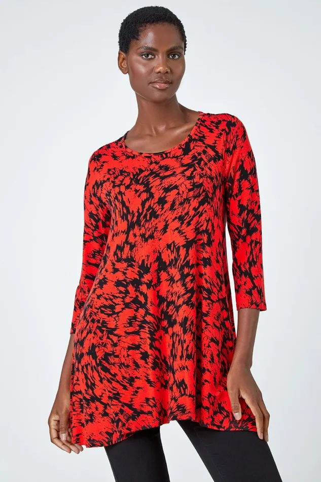 Red Abstract Print Hanky Hem Tunic Top Women Roman Tops