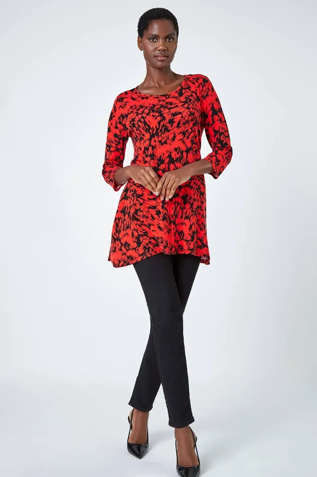 Red Abstract Print Hanky Hem Tunic Top Women Roman Tops