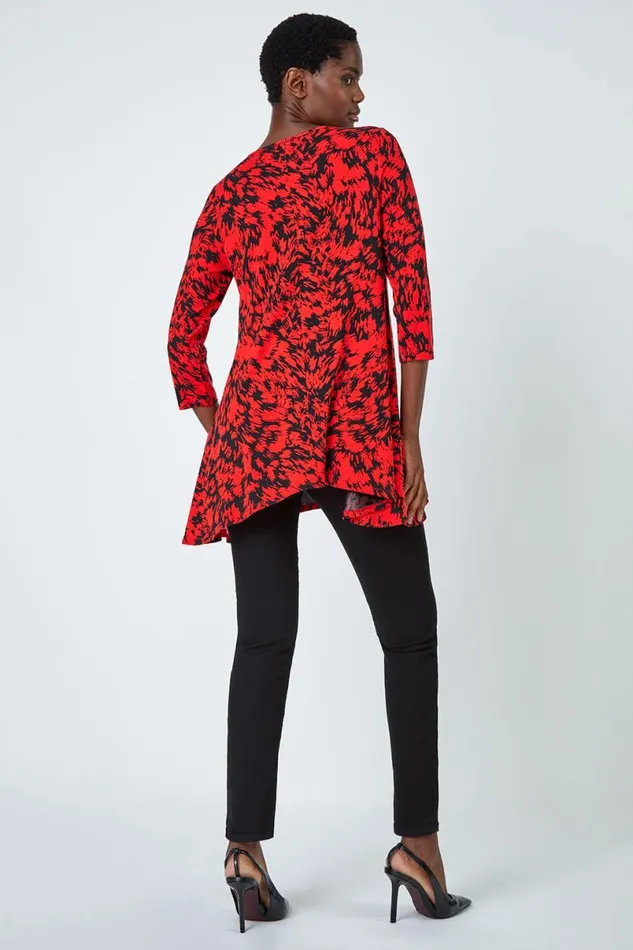 Red Abstract Print Hanky Hem Tunic Top Women Roman Tops