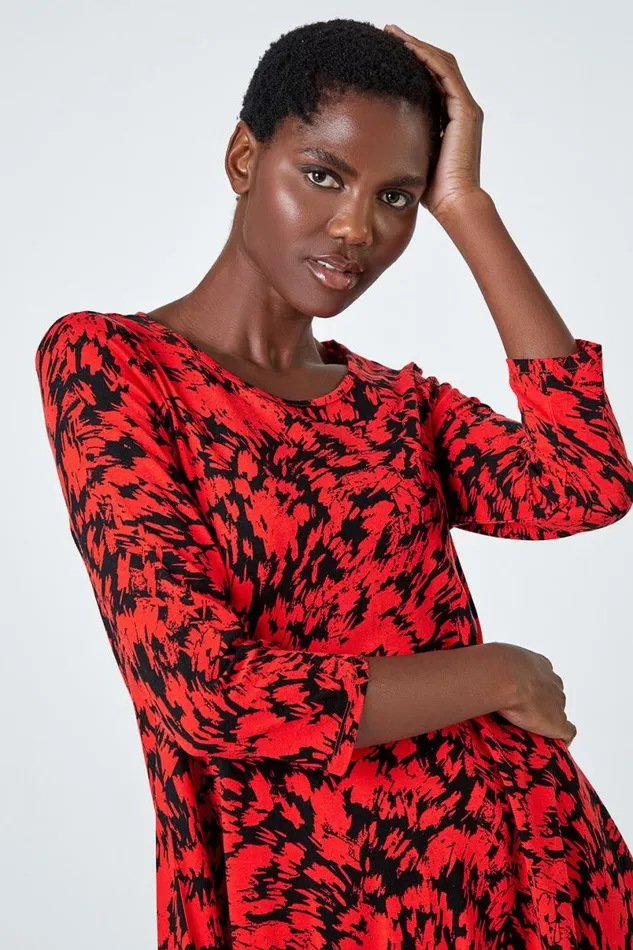 Red Abstract Print Hanky Hem Tunic Top Women Roman Tops