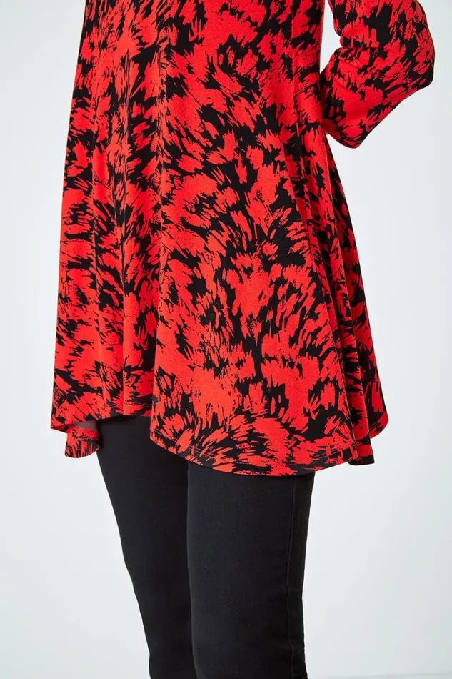 Red Abstract Print Hanky Hem Tunic Top Women Roman Tops
