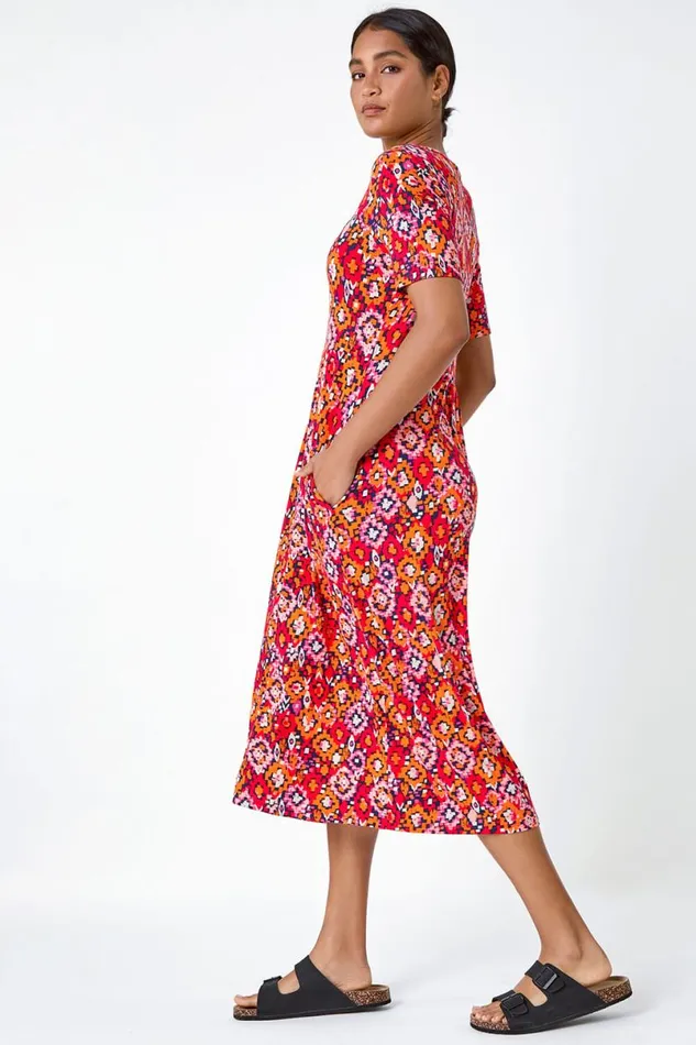 Red Aztec Print Stretch Jersey Pocket Dress Women Roman Dresses