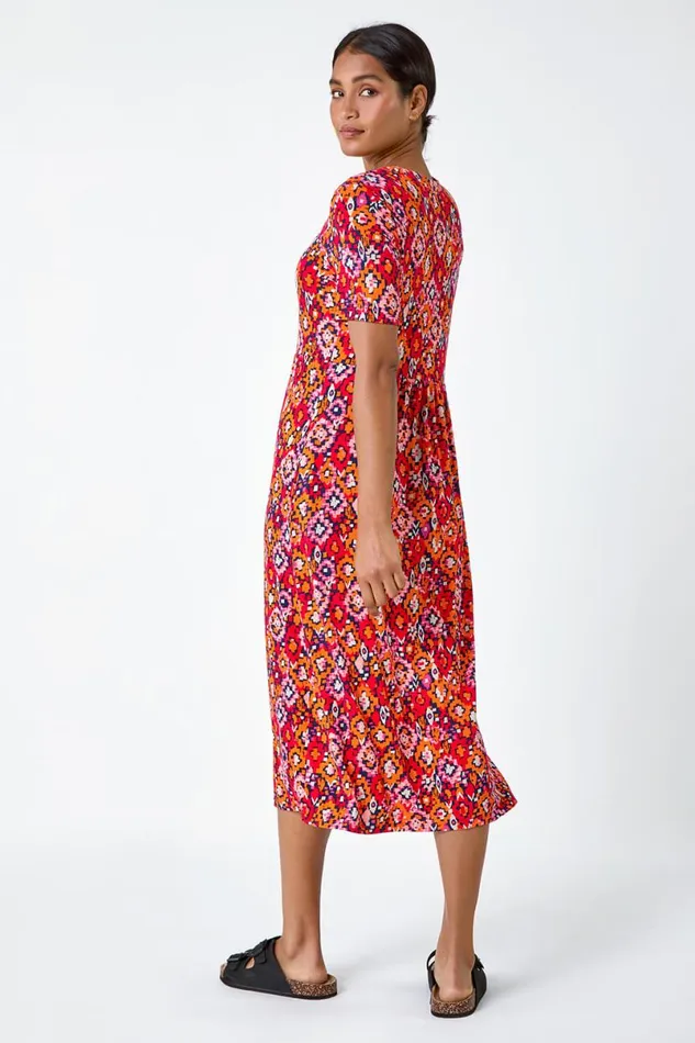 Red Aztec Print Stretch Jersey Pocket Dress Women Roman Dresses