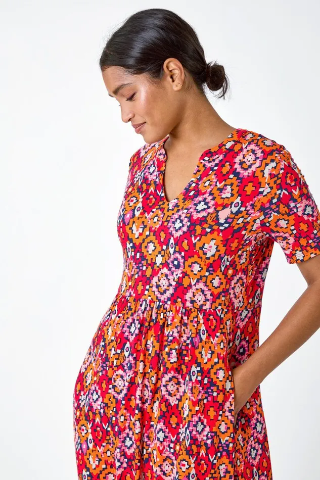 Red Aztec Print Stretch Jersey Pocket Dress Women Roman Dresses