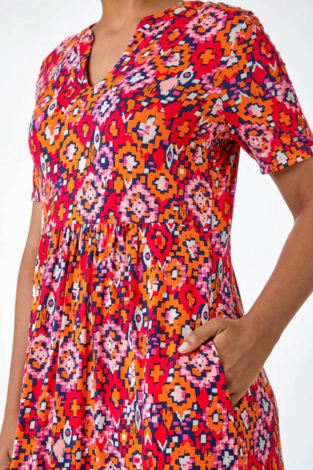 Red Aztec Print Stretch Jersey Pocket Dress Women Roman Dresses