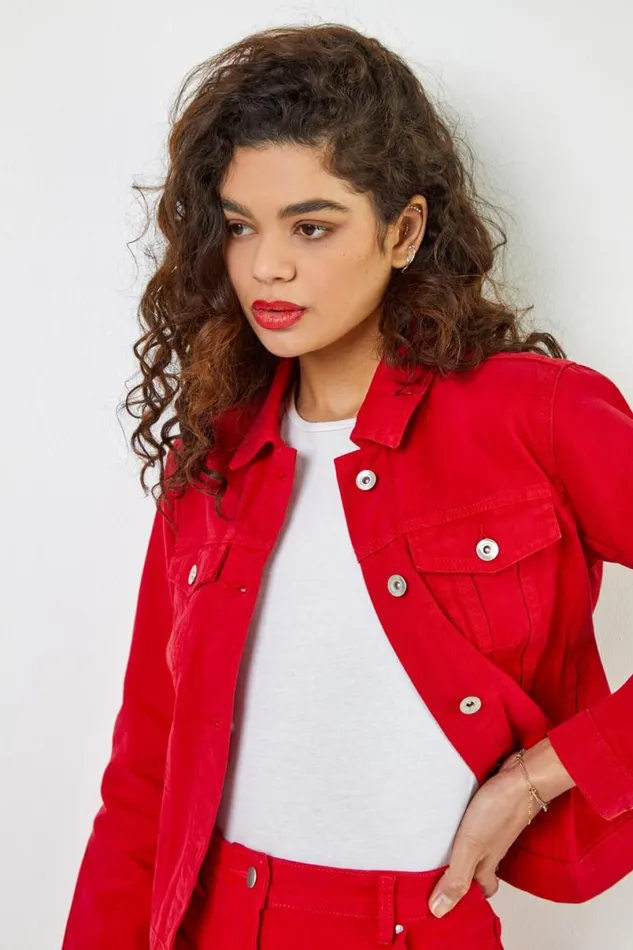 Red Classic Cotton Denim Jacket Women Roman Jackets