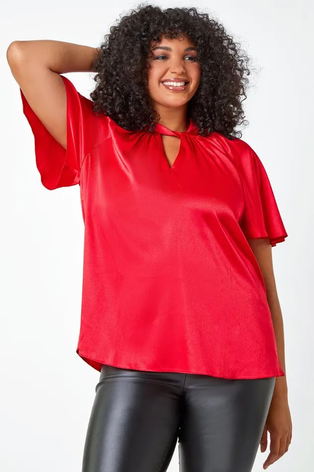 Red Curve Twist Neck VNeck Satin Top Women Roman Tops