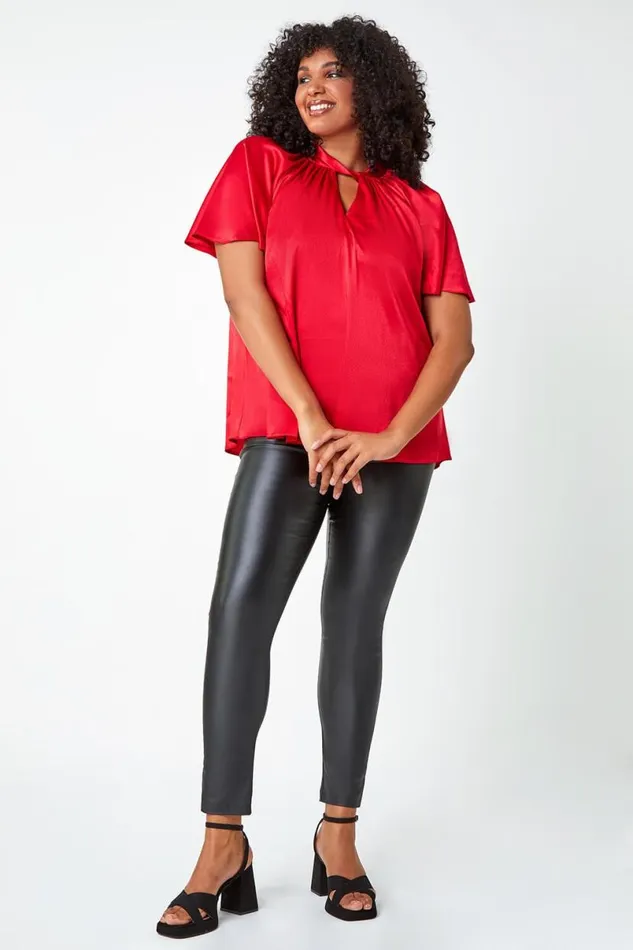Red Curve Twist Neck VNeck Satin Top Women Roman Tops