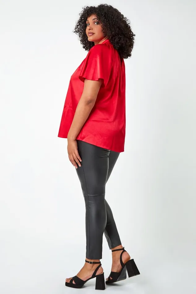 Red Curve Twist Neck VNeck Satin Top Women Roman Tops