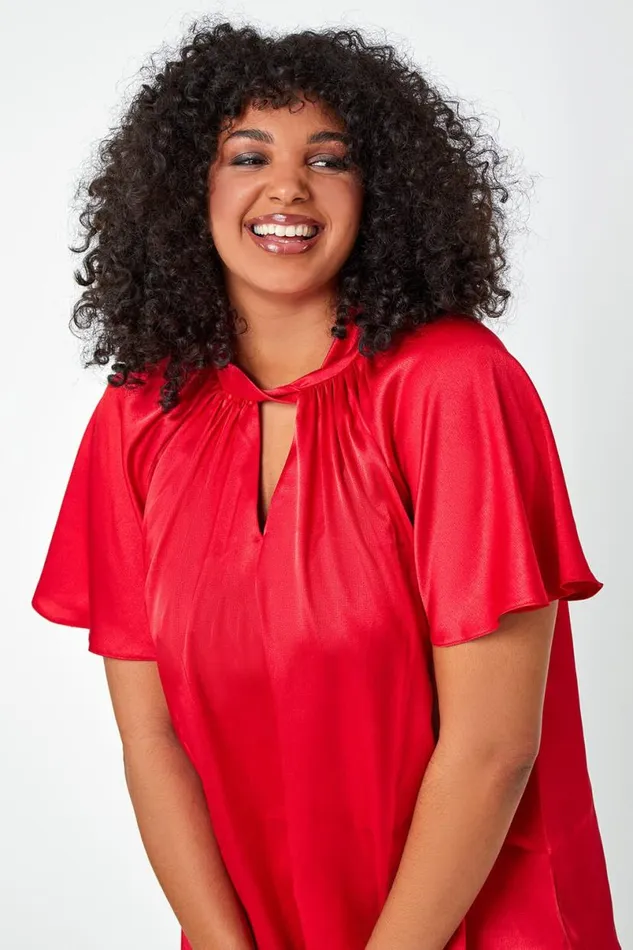 Red Curve Twist Neck VNeck Satin Top Women Roman Tops