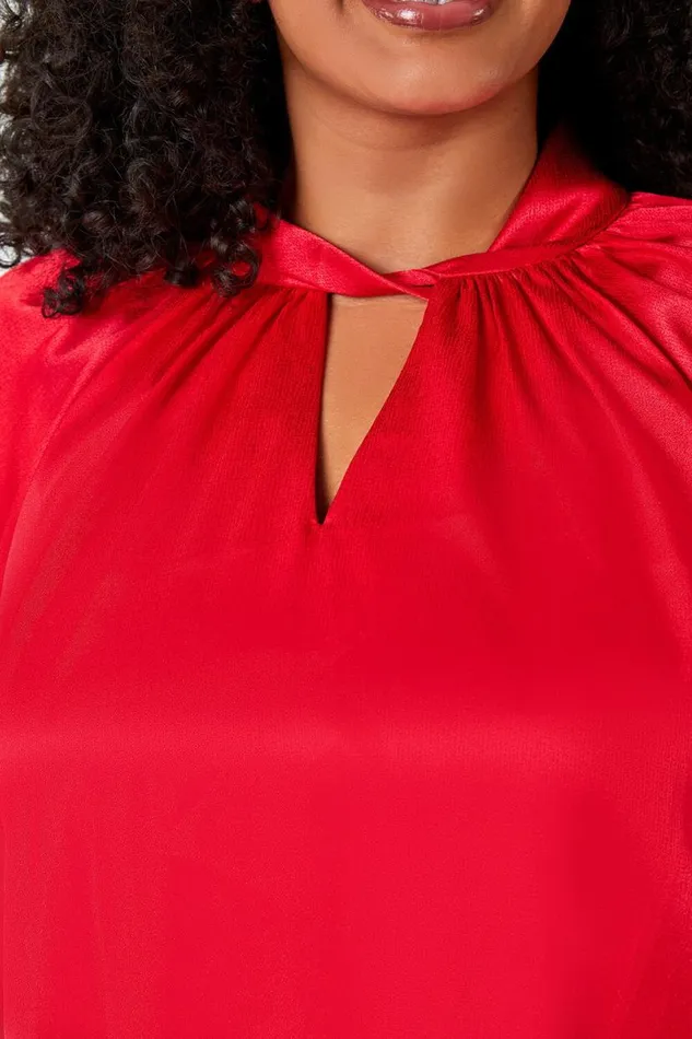 Red Curve Twist Neck VNeck Satin Top Women Roman Tops