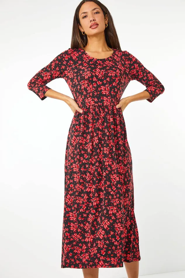Red Ditsy Floral Stretch Midi Dress Women Roman Dresses