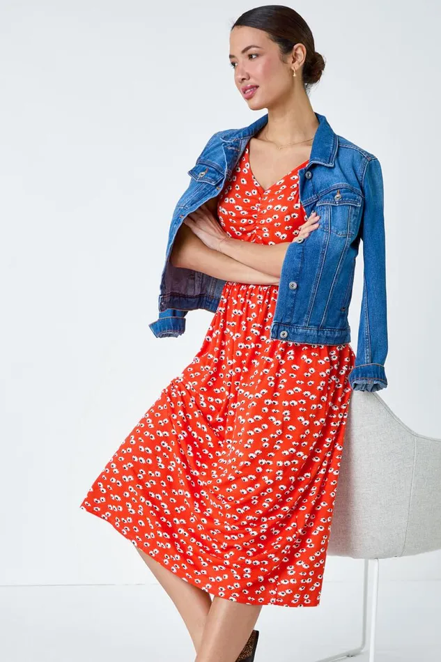 Red Ditsy Print Ruched Midi Dress Women Roman Dresses