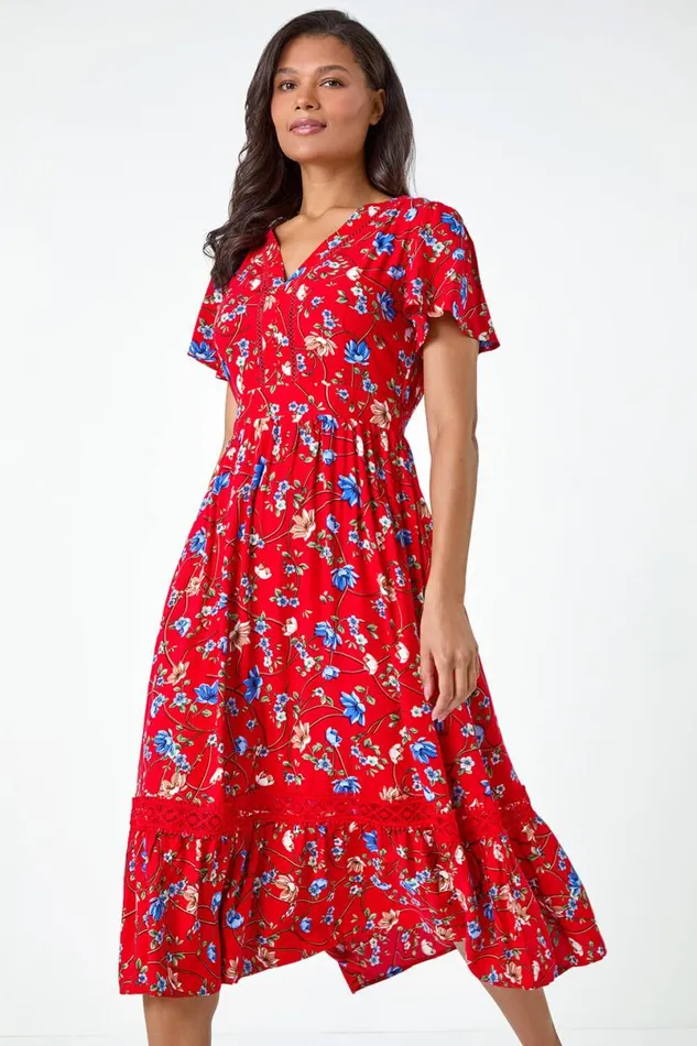 Red Floral Lace Trim Pocket Midi Dress Women Roman Dresses