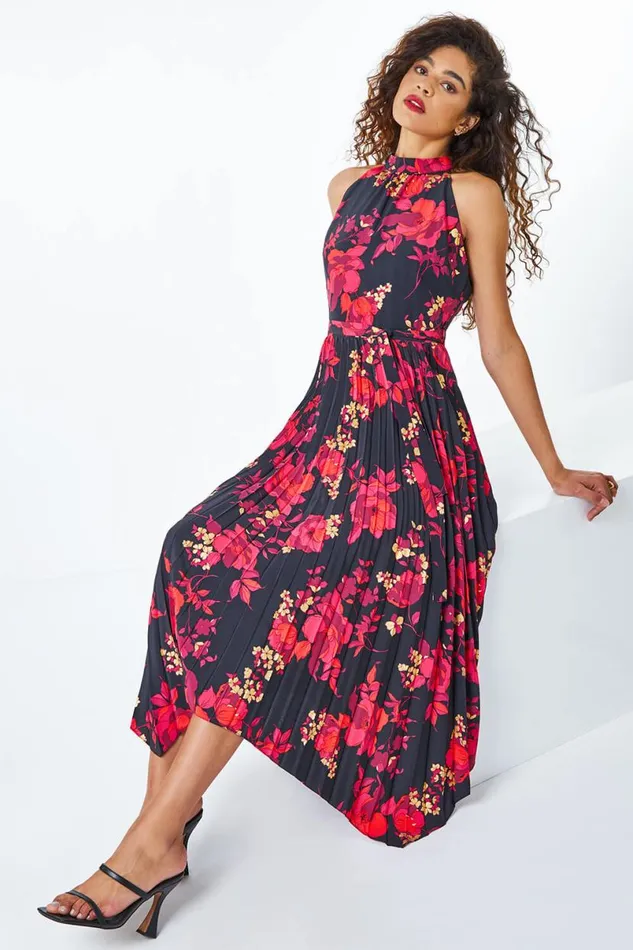 Red Floral Pleated Halter Neck Midi Dress Women Roman Dresses
