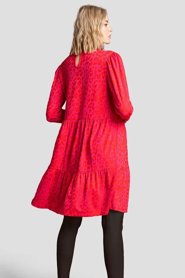 Red Jacquard Leopard Print Tiered Dress Women Roman Dresses