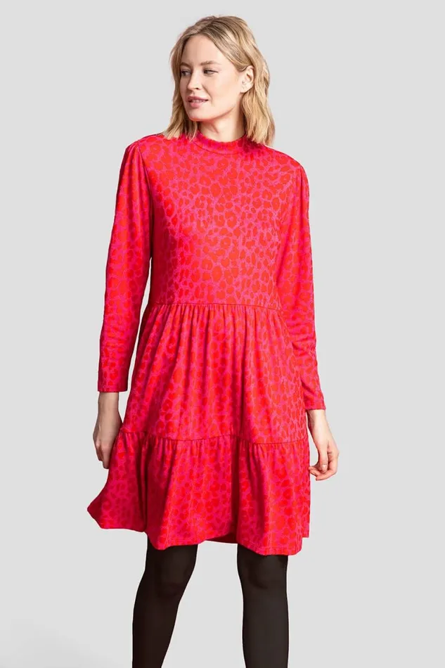 Red Jacquard Leopard Print Tiered Dress Women Roman Dresses