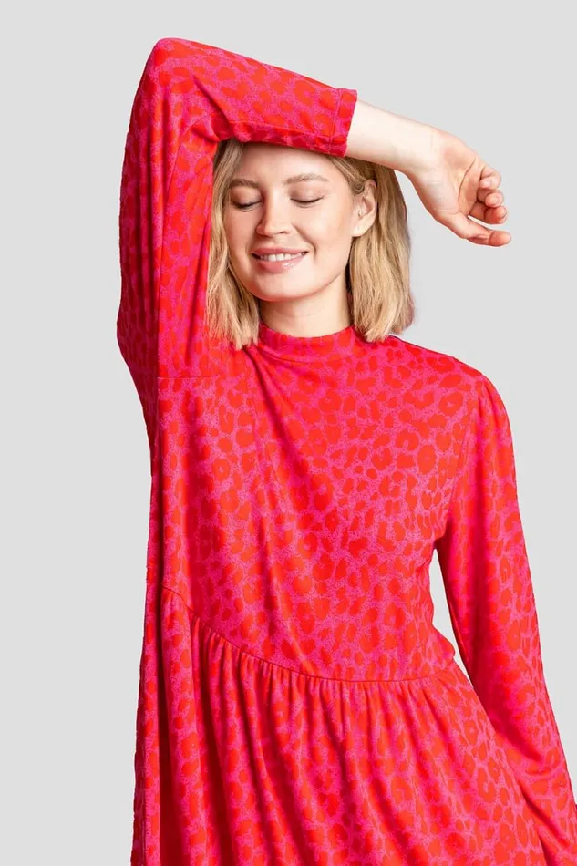 Red Jacquard Leopard Print Tiered Dress Women Roman Dresses