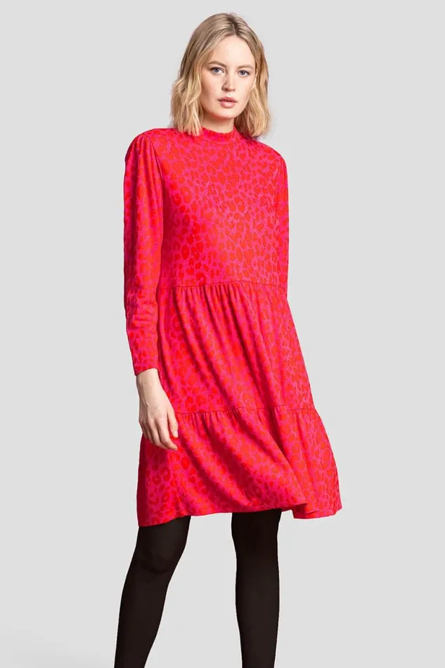 Red Jacquard Leopard Print Tiered Dress Women Roman Dresses