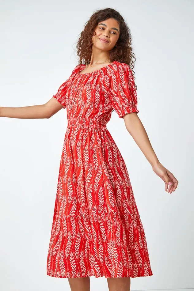 Red Leaf Print Stretch Neck Midi Dress Women Roman Dresses