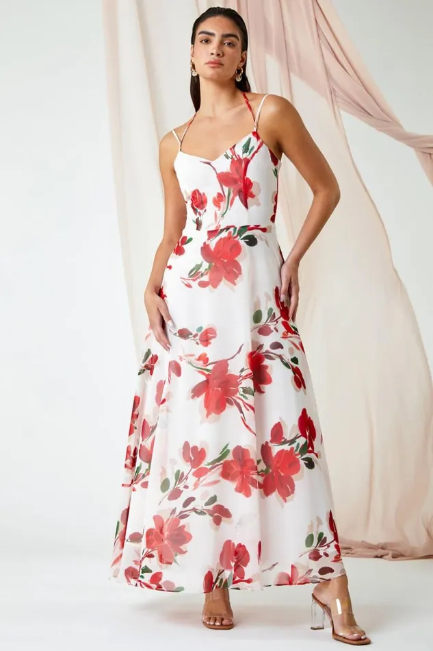 Red Luxe Floral Fit and Flare Maxi Dress Women Roman Dresses