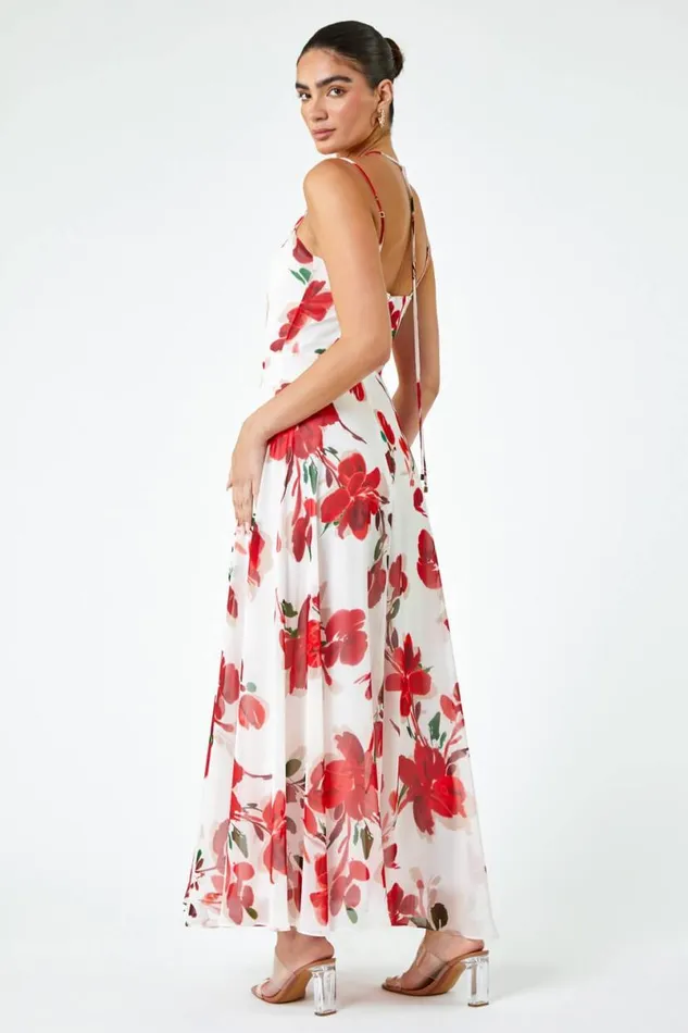 Red Luxe Floral Fit and Flare Maxi Dress Women Roman Dresses