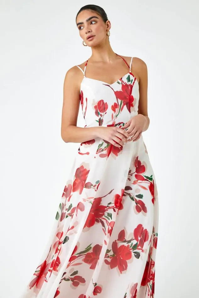 Red Luxe Floral Fit and Flare Maxi Dress Women Roman Dresses