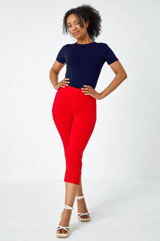Red Petite Elastic Waist Stretch Cropped Trouser Women Roman Trousers
