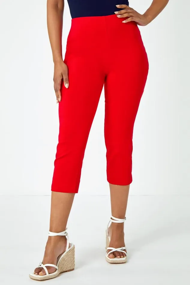 Red Petite Elastic Waist Stretch Cropped Trouser Women Roman Trousers