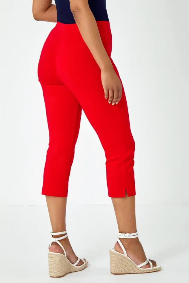 Red Petite Elastic Waist Stretch Cropped Trouser Women Roman Trousers