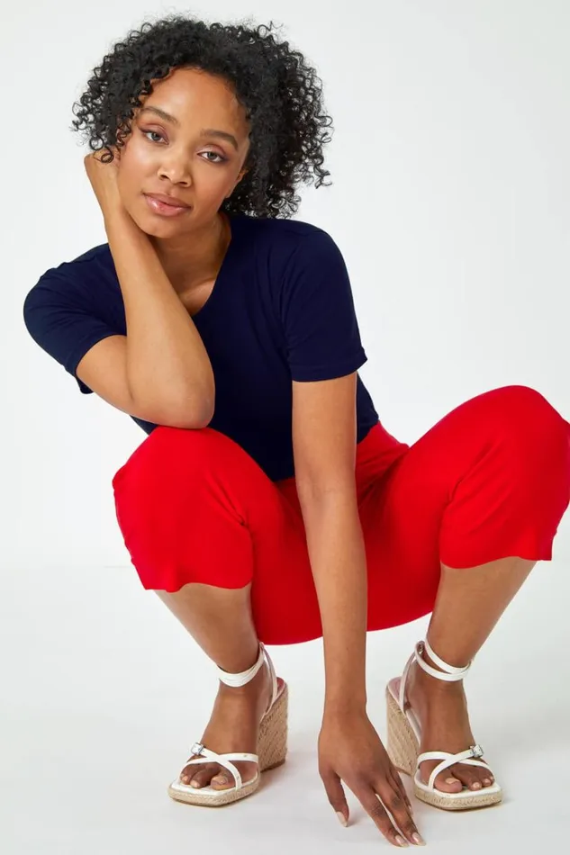 Red Petite Elastic Waist Stretch Cropped Trouser Women Roman Trousers