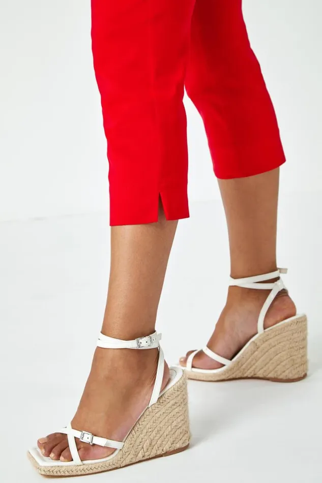 Red Petite Elastic Waist Stretch Cropped Trouser Women Roman Trousers